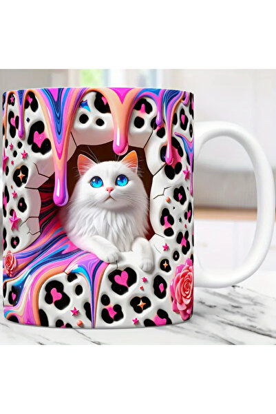 Genel Markalar Renkli Kedi Baskılı 3D Efekli Hediyelik Kupa Bardak