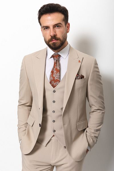 Mcr Straight Slim Fit Mono Collar Classic Men's Suit Beige - 40761.21Y