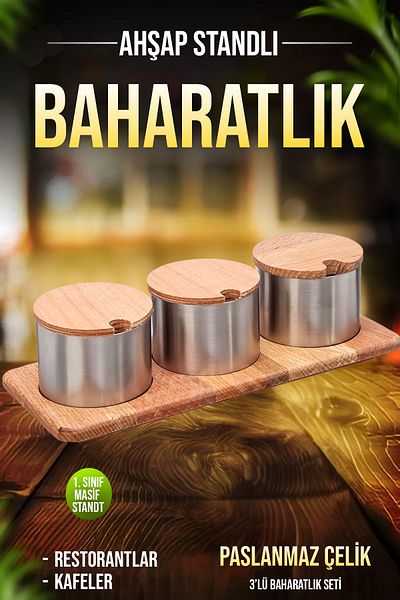 FİTHOME 3-Piece Stainless Steel Spice Rack Sugar Bowl with Wooden Stand Cafe Restorant Spice Rack