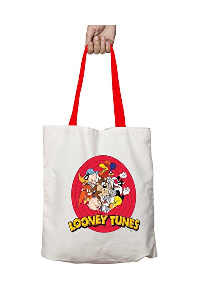 ART HEDİYE Looney Tunes Characters Washable Shoulder Bag with Red Handles