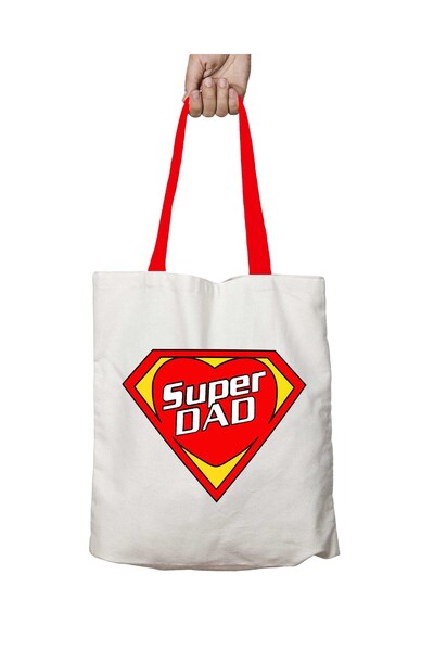 ART HEDİYE Super Dad Washable Shoulder Bag with Red Handles
