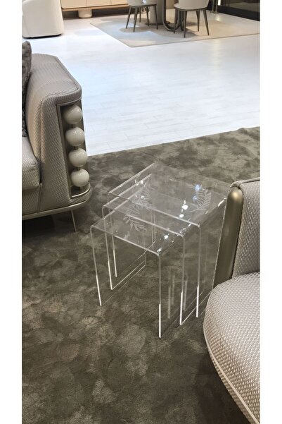 Home 3 Lü Şeffaf Pleksi Zeytindalı Kazıma Desenli Zigon Sehpa