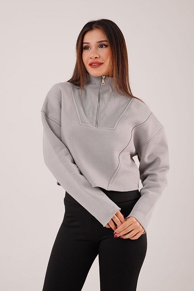Hipo Trend Collar Zippered Fleece Gray Short Sweatshirt