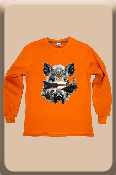 WİDİ Vânătoare Vânătoare Wild Life Pig Imprimat Bumbac Regular Fit Crew Gât Portocaliu Hanorac