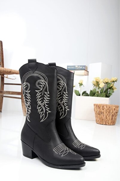 leopar by çetinay Kadın Siyah Cilt Nakışlı Kovboy Çizme Yeni Sezon