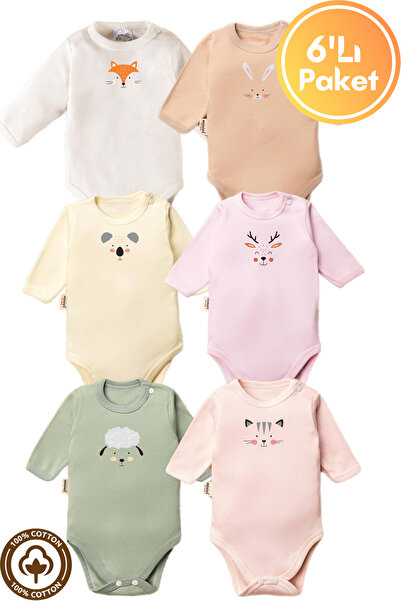 miniel organic Unisex %100 Organik Pamuklu Hayvan Figürlü 3-6-9-12 Ay 6Lı Uzu...