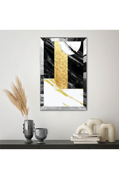 Zevahir Mobilya Dekorasyon Masa MDF cu design abstract, cu cadru din plexiglas cu oglinda argintie, cu model de marmura de culoare aurie si neagra