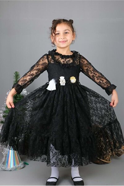 Mnk Baby&Kids Çiçek Motif Dantelli Çocuk Tesettür Elbise MNK0580 SİYAH