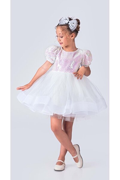 Mnk Baby&Kids Λευκό κοριτσίστικο φόρεμα με παγιέτες Tutu Gren Hem - MNK0601