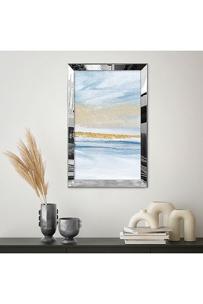 Zevahir Mobilya Dekorasyon Masa MDF simpla cu design abstract de culoare albastru, alb si auriu, cu rama din plexiglas cu oglinda argintie