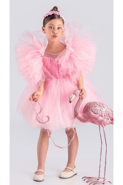 Mnk Baby&Kids Rochie de seară pentru fete ROZ cu fustă tutu, mâneci pufoase și comodă încoronată MNK0582