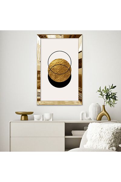Zevahir Mobilya Dekorasyon Μαύρο και χρυσό Χρώμα Minimal Style Circles Μονό Τραπέζι MDF με χρυσό καθρέφτη από πλεξιγκλάς
