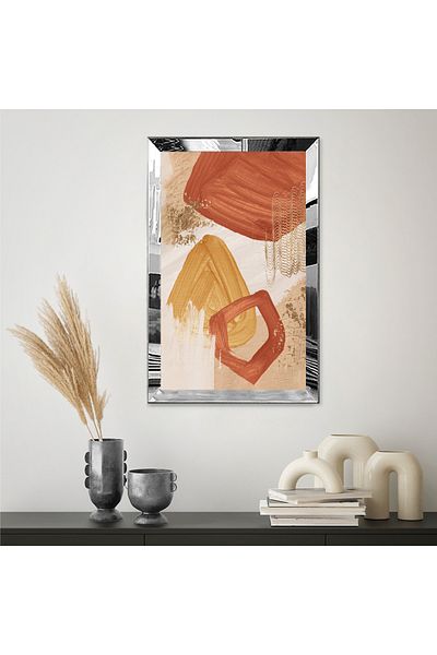 Zevahir Mobilya Dekorasyon Forme abstracte în tonuri calde cu cadru din plexiglas cu oglindă argintie, pictură unică MDF