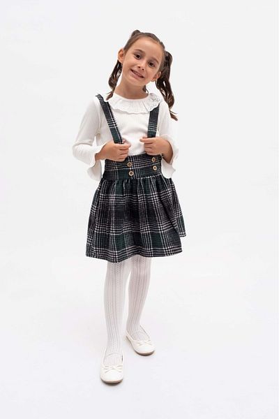 Mnk Baby&Kids Green Girl's Plaid Patterned Salopet and Skirt Set - MNK2148