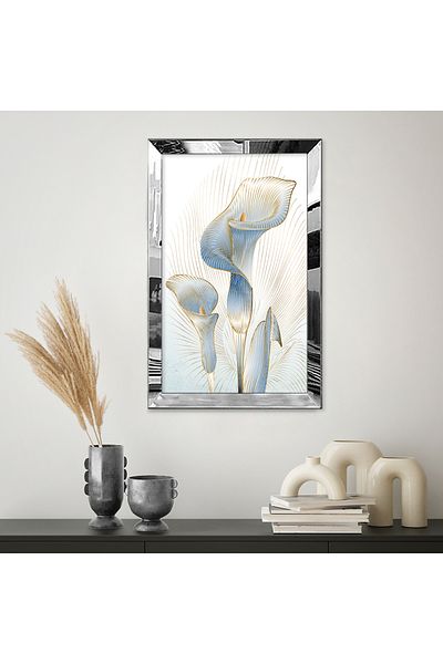 Zevahir Mobilya Dekorasyon Masa MDF cu rame din plexiglas cu oglinda argintie, fundal alb, dungi aurii, crin albastru