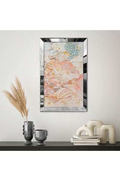Zevahir Mobilya Dekorasyon Masa din MDF cu un singur cadru din plexiglas cu oglinda argintie, perie, design abstract, in tonuri pastelate