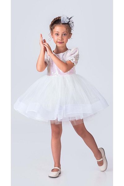 Mnk Baby&Kids Λευκό κοριτσίστικο φόρεμα με παγιέτες Tutu Gren Hem - MNK0601