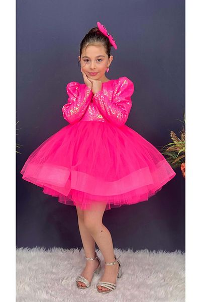 Mnk Baby&Kids Tutu Gren φούστα για κορίτσια με παγιέτες μακρυμάνικο Kikidi φόρεμα MNK0583 FUCHIA