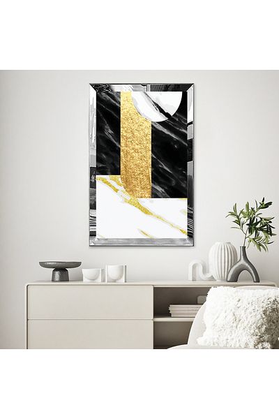 Zevahir Mobilya Dekorasyon Masa MDF cu design abstract, cu cadru din plexiglas cu oglinda argintie, cu model de marmura de culoare aurie si neagra
