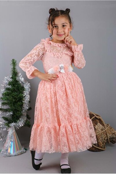 Mnk Baby&Kids Детска рокля с дантела и цветен мотив MNK0580 СЬОМГА