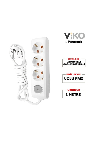 VİKO | Üçlü Grup Priz, Anahtarlı Topraklı - Çocuk Korumalı Çoğaltıcı Priz, 3'...