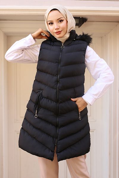 benguen Black 7030 Model Hooded Fur Puffer Vest
