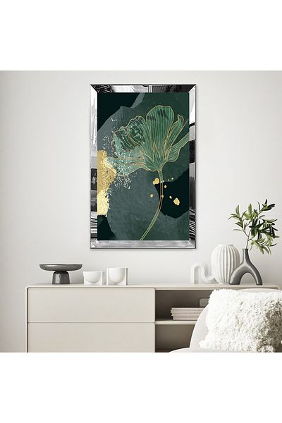 Zevahir Mobilya Dekorasyon Pictură unică MDF cu flori abstracte verzi cu dungi aurii cu cadru din plexiglas cu oglindă argintie