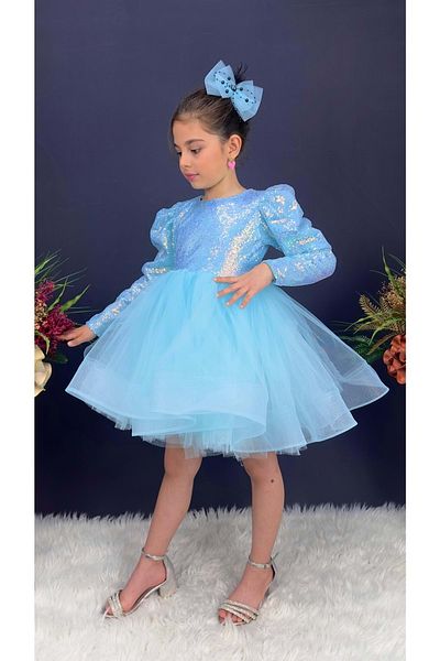 Mnk Baby&Kids Dívčí Kitidi šaty s dlouhým rukávem s flitry a zelenou sukní Tutu MNK0583 TYRKYSOVÁ