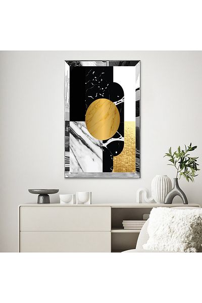 Zevahir Mobilya Dekorasyon Masa MDF simpla cu design modern, cu forma geometrica, neagra si aurie, cu rama din plexiglas cu oglinda argintie