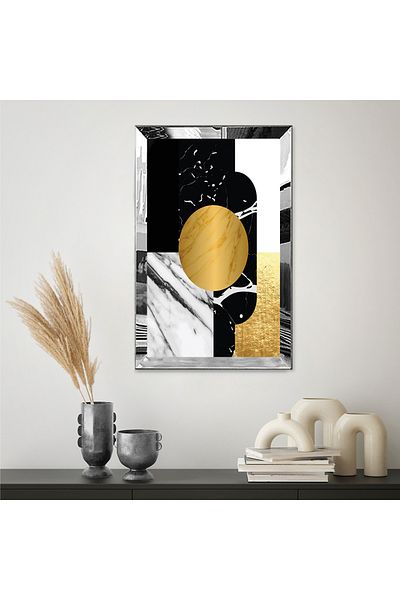 Zevahir Mobilya Dekorasyon Masa MDF simpla cu design modern, cu forma geometrica, neagra si aurie, cu rama din plexiglas cu oglinda argintie