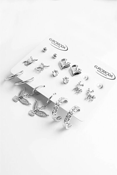 EUROMODA Melek Kalp ve Geyik Tasarımlı İnci Zirkon Halka ve Top Küpeli 9lu Küpe Seti