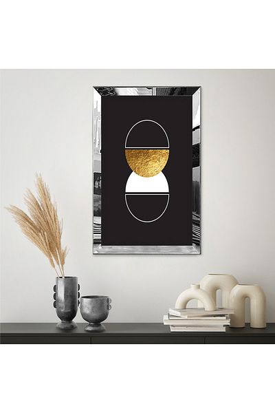 Zevahir Mobilya Dekorasyon Cadrul din plexiglas cu oglindă argintie, cercuri decorative de culoare neagră și aurie, masă unică din MDF