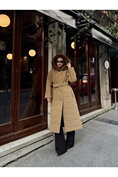 Olcay Kamel 6635 - Prošívaný dlouhý kabát s kapucí