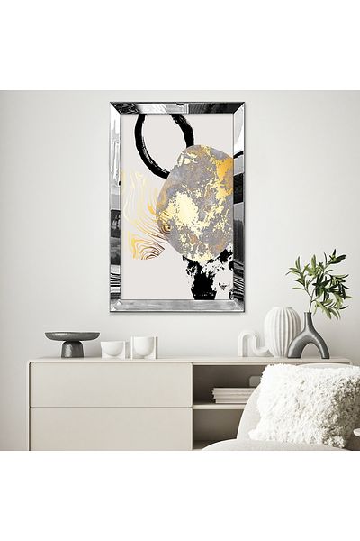 Zevahir Mobilya Dekorasyon Masa MDF cu un singur cadru din plexiglas cu oglinda argintie, fundal bej, forme de culoare neagra, gri si aurie
