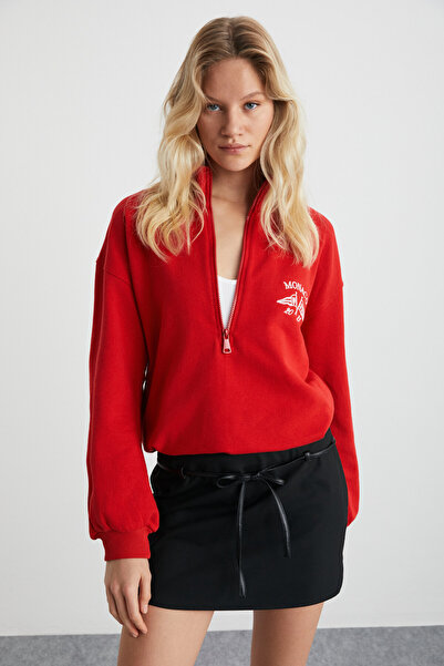 ETHIQUET MEYBELINA Kadın Organik Pamuklu Kemik fermuarlı Dik Yaka Yazılı Baskılı Kırmızı Sweatshirt