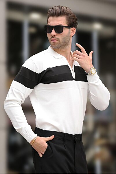 Madmext Λευκό μακρυμάνικο πουλόβερ με ριγέ λαιμόκοψη με φερμουάρ E7288