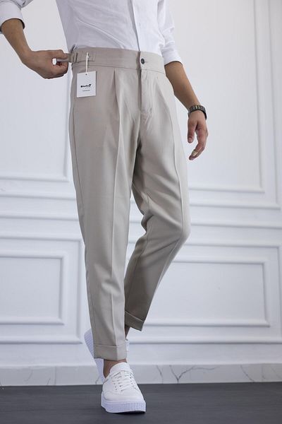 moda biz Ανδρικό υφασμάτινο παντελόνι με κρεμ αγκράφα με λεπτομέρεια ιταλικής κοπής