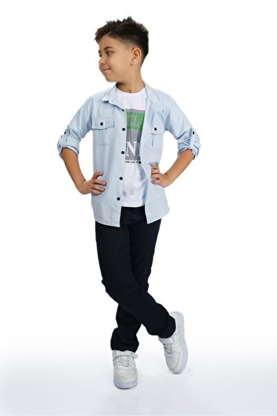 Mnk Baby&Kids قميص، بنطلون، تي شيرت طقم ولادي من 3 قطع MNK1754 أزرق فاتح