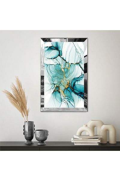 Zevahir Mobilya Dekorasyon Masa MDF cu un singur design abstract de culoare albastru si auriu cu cadru din plexiglas cu oglinda argintie si fundal alb
