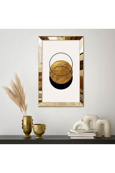 Zevahir Mobilya Dekorasyon Μαύρο και χρυσό Χρώμα Minimal Style Circles Μονό Τραπέζι MDF με χρυσό καθρέφτη από πλεξιγκλάς