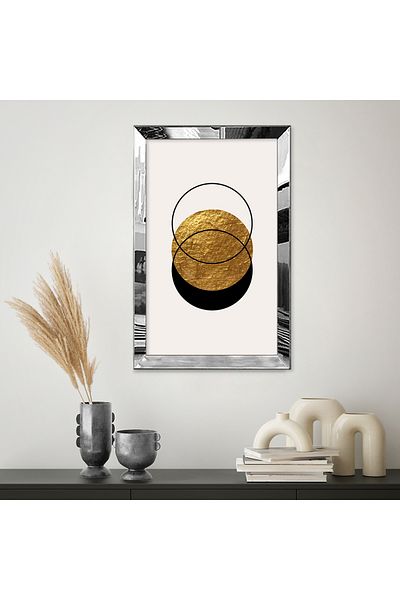Zevahir Mobilya Dekorasyon Μαύρο και χρυσό χρώμα Minimal Style Circles Μονό Τραπέζι MDF με ασημί καθρέφτη πλαίσιο από πλεξιγκλάς