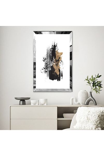 Zevahir Mobilya Dekorasyon Masa MDF simpla cu cadru din plexiglas cu oglinda argintie, stil minim, cu urme de pensula de culoare aurie si neagra