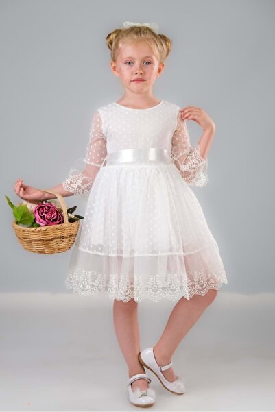 Mnk Rochie de lux din dantelă pentru fetiță MNK0327 ALBĂ