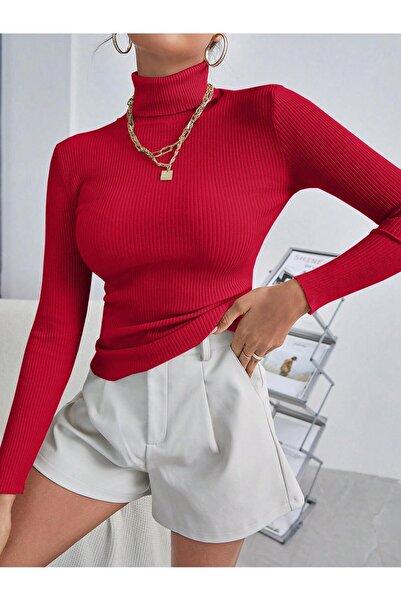 Genel Markalar Unisex Kırmızı Tekli Fiyat Pamuklu Balıkçı Yaka Kaşkorse Şardonlu Slimfit Boğazlı