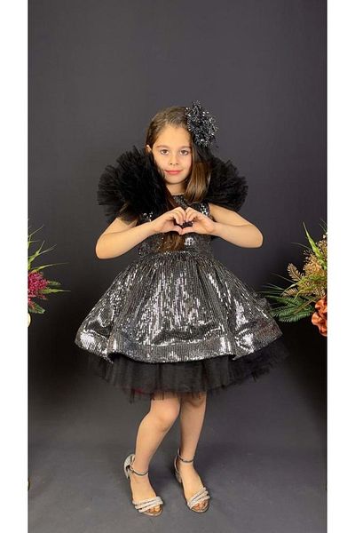Mnk Baby&Kids Rochie pentru fetiță, cu mâneci de păun, din material textil cu paiete MNK0537 GR ÎNCHIS
