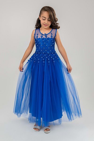 Mnk Baby&Kids Rochie De Mireasa Fara Maneci Copii Albastra Rochie De Seara - Model Guipur, Mnk0469