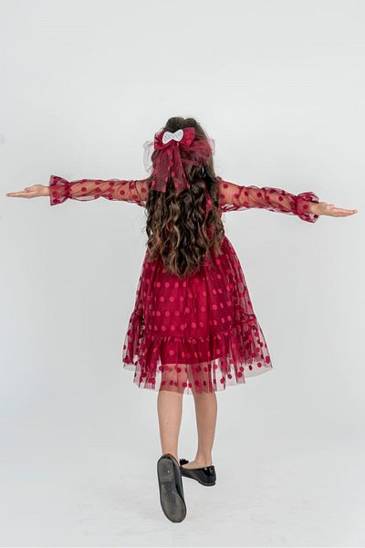 Mnk Baby&Kids Rochie din tul pentru fete cu mânecă lungă pentru gât barcă Mnk0485 Roșu Claret