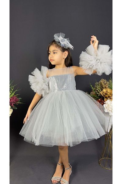 Mnk Baby&Kids Βραδινό φόρεμα σιφόν μανίκι με παγιέτες κρινολίνη για κορίτσια Tutu βραδινό φόρεμα γκρι