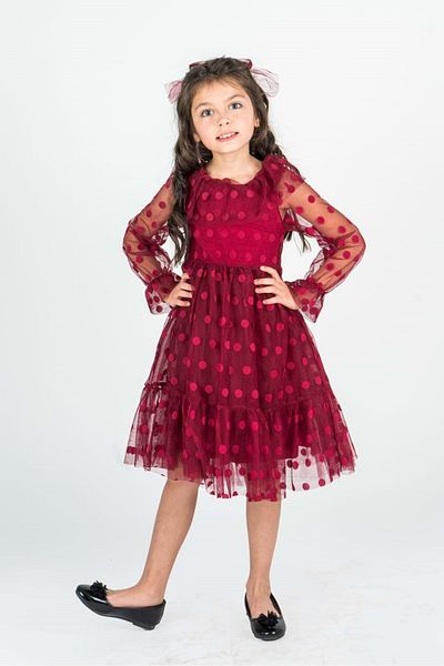 Mnk Baby&Kids Rochie din tul pentru fete cu mânecă lungă pentru gât barcă Mnk0485 Roșu Claret