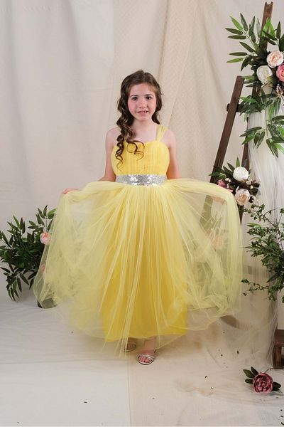 Mnk Back Guiped Tulle Girl's Satin Evening Dress Mnk0340 Yellow